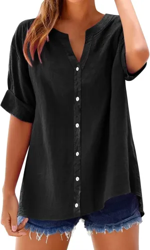 2025 Summer Linen Tops for Women Trendy Roll Up Short Sleeve Tshirts Workout Button Down Plus Size Cotton Linen Shirt