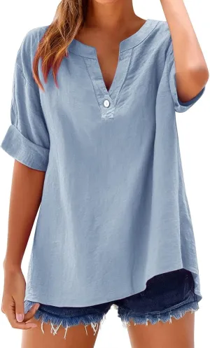 2025 Summer Linen Tops for Women Trendy Roll Up Short Sleeve Tshirts Workout Button Down Plus Size Cotton Linen Shirt