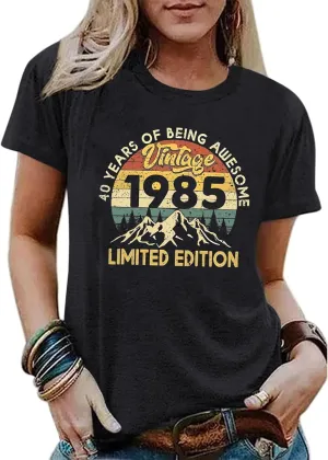 40th Birthday Shirts for Women 1985 Shirt Vintage Graphic Tees Retro Tshirts 40 Year Old Birthday Gifts Casual Tops