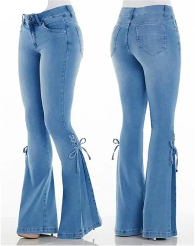 Andongnywell Lace-up Bell Bottom Pants Jeans for Women Mid Waisted Wide Leg Bootcut Slim Denim Pants Trousers
