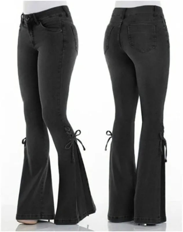 Andongnywell Lace-up Bell Bottom Pants Jeans for Women Mid Waisted Wide Leg Bootcut Slim Denim Pants Trousers