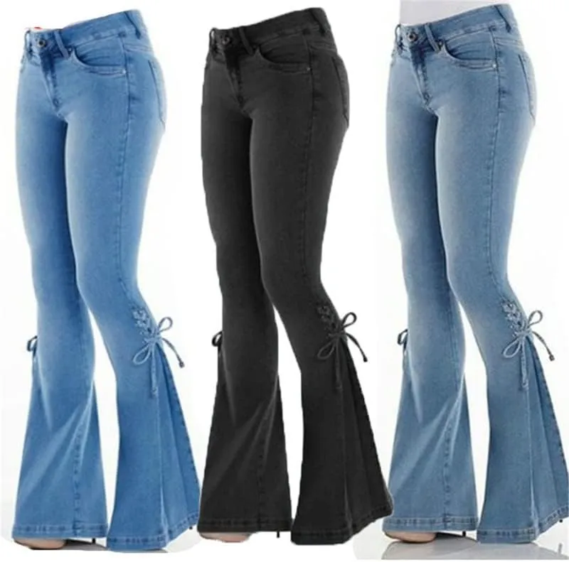 Andongnywell Lace-up Bell Bottom Pants Jeans for Women Mid Waisted Wide Leg Bootcut Slim Denim Pants Trousers