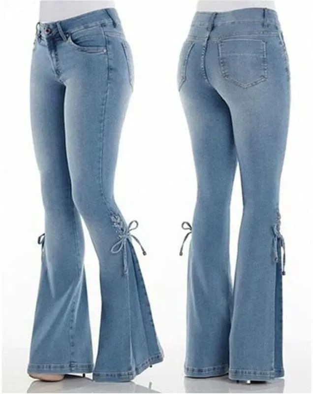Andongnywell Lace-up Bell Bottom Pants Jeans for Women Mid Waisted Wide Leg Bootcut Slim Denim Pants Trousers