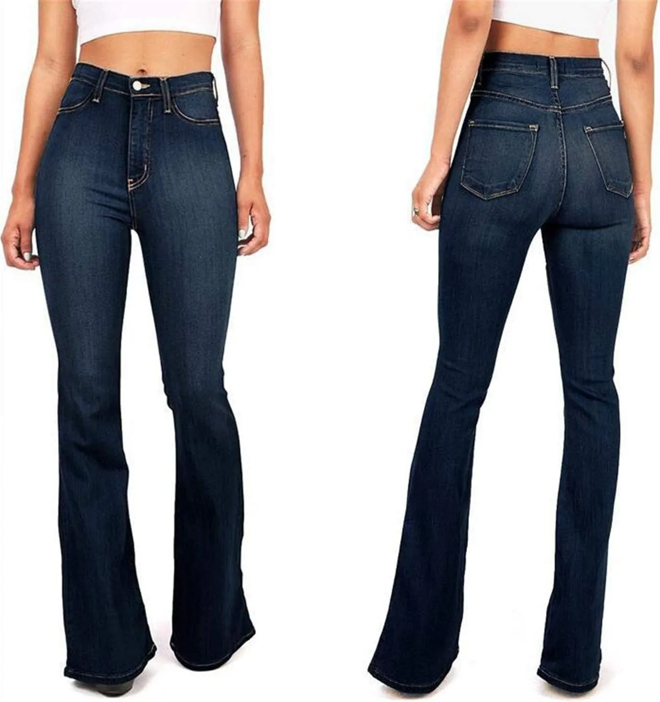 Andongnywell Women's Fashion High Waisted Stretch Wide Leg Bootcut Slim Denim Pants Flare Bell Bottom Jeans