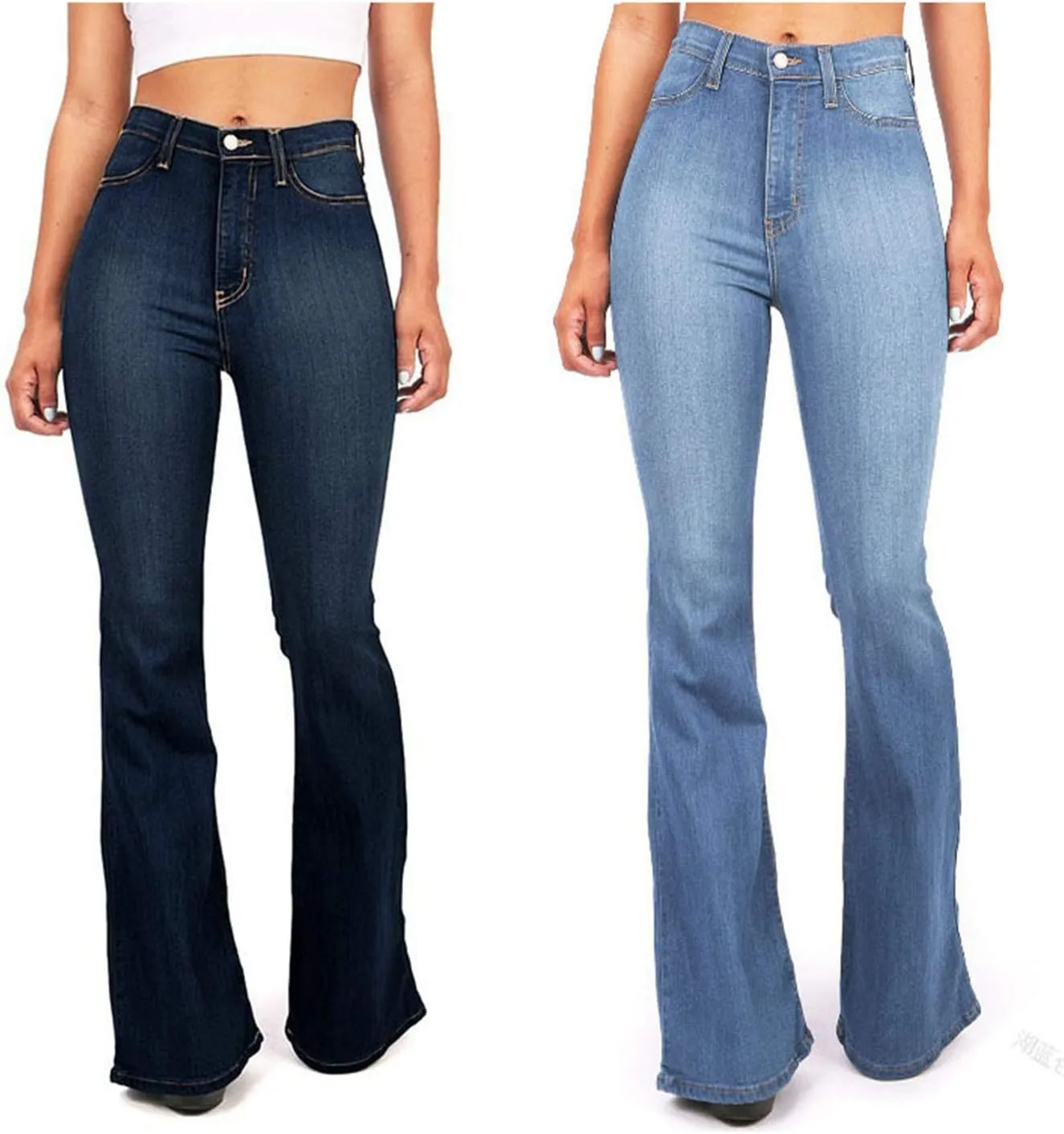 Andongnywell Women's Fashion High Waisted Stretch Wide Leg Bootcut Slim Denim Pants Flare Bell Bottom Jeans