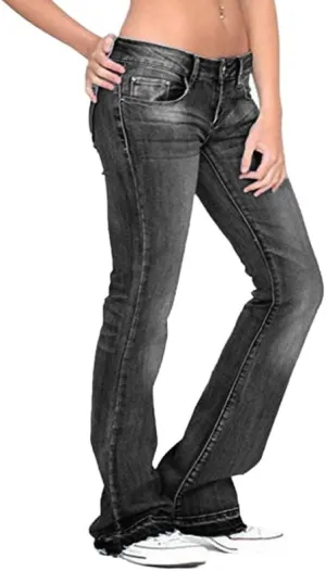 Andongnywell Womens Mid Waisted Bell Bottom Jeans Bootcut Straight Wide Leg Jean Button Stretch Denim Pants Trousers (Black,Small)