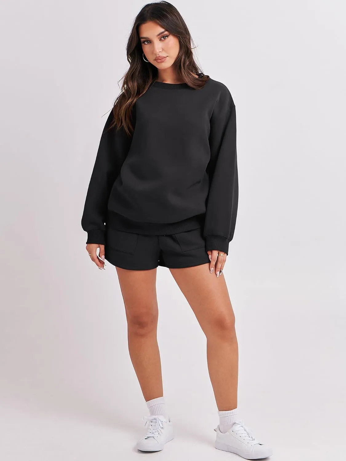 ANRABESS Women 2 Piece Outfits Sweat Shorts Sets 2025 Oversized Casual Lounge Matching Set Sweatsuit Tracksuit Clothes