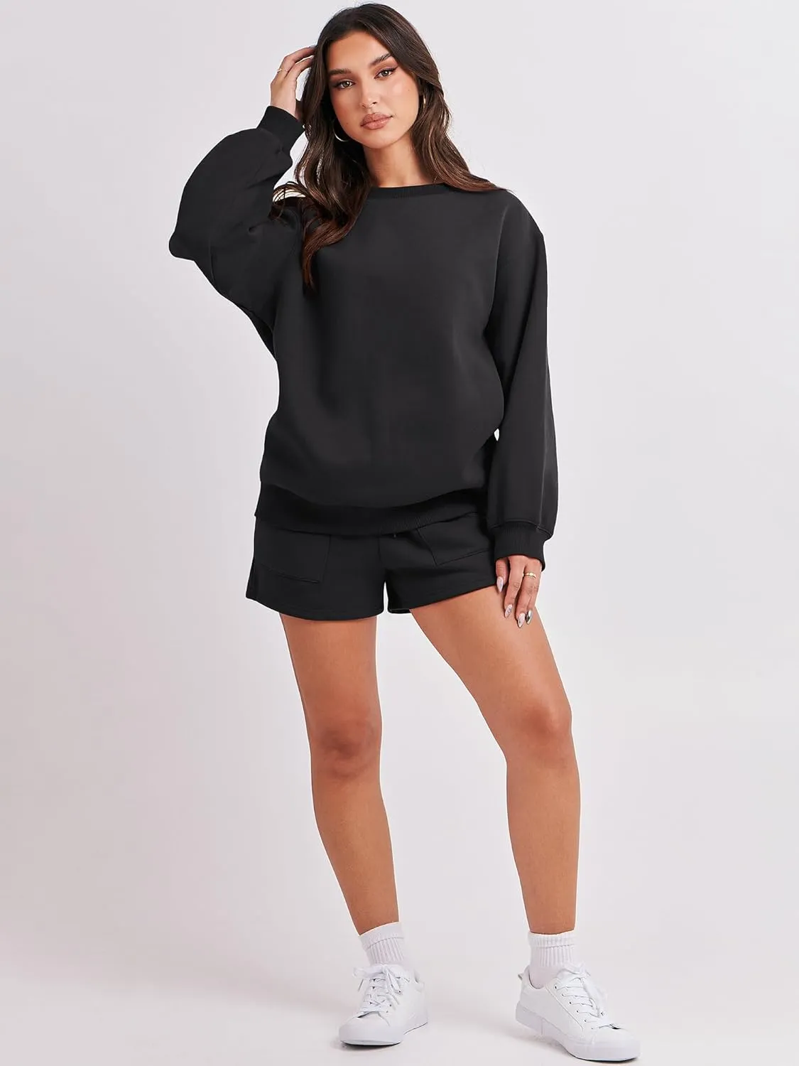 ANRABESS Women 2 Piece Outfits Sweat Shorts Sets 2025 Oversized Casual Lounge Matching Set Sweatsuit Tracksuit Clothes
