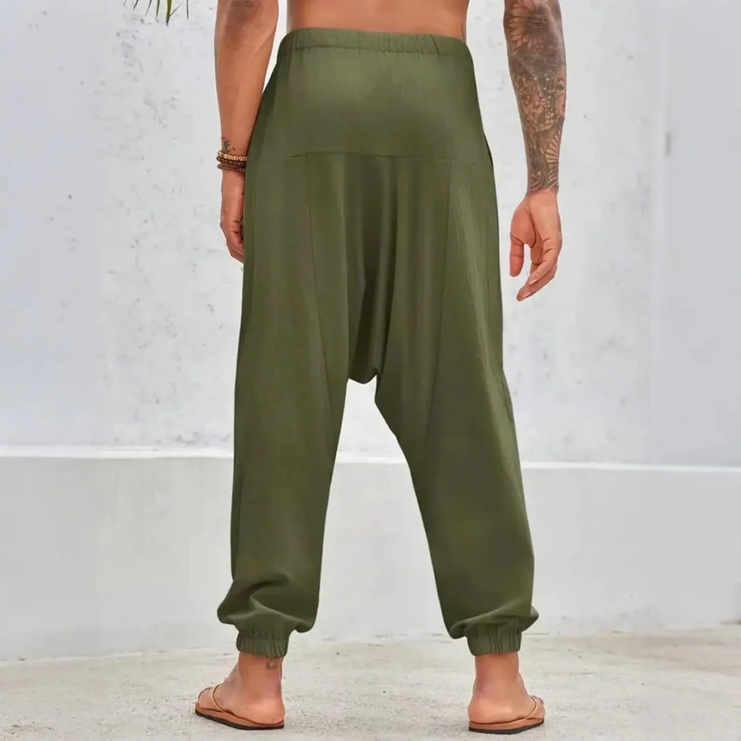 Baggy Harem Pants Men Linen Summer Hippie Pants Elastic Waist Beach Pants Drawstring Boho Holiday Flowy Pants with Pockets