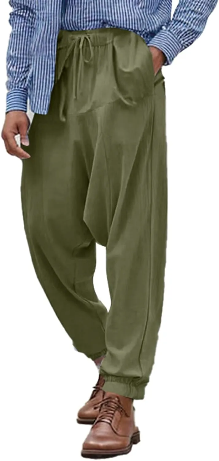 Baggy Harem Pants Men Linen Summer Hippie Pants Elastic Waist Beach Pants Drawstring Boho Holiday Flowy Pants with Pockets