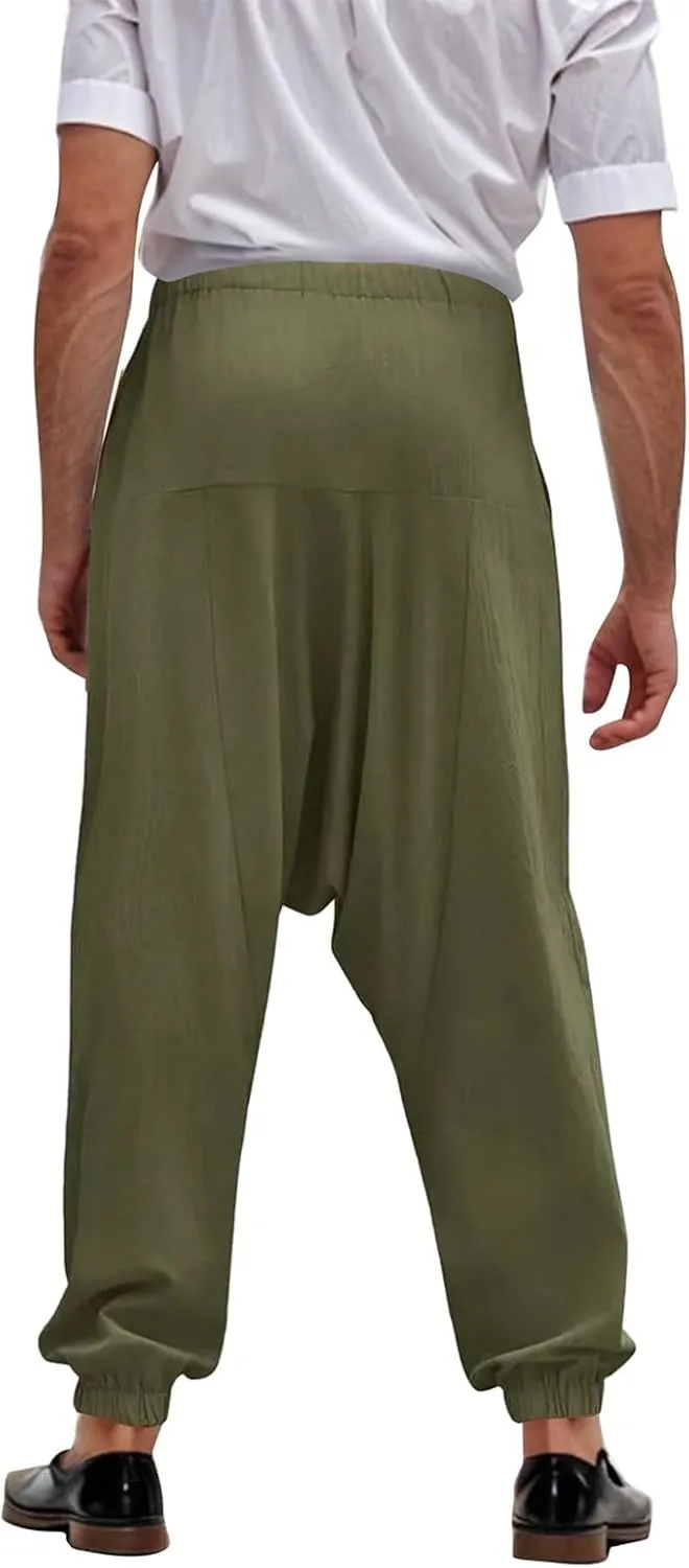 Baggy Harem Pants Men Linen Summer Hippie Pants Elastic Waist Beach Pants Drawstring Boho Holiday Flowy Pants with Pockets