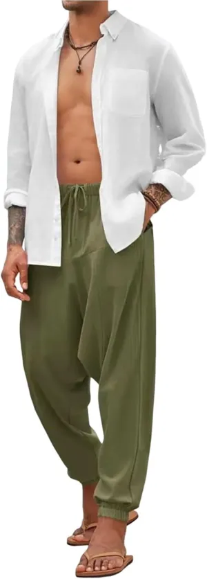 Baggy Harem Pants Men Linen Summer Hippie Pants Elastic Waist Beach Pants Drawstring Boho Holiday Flowy Pants with Pockets