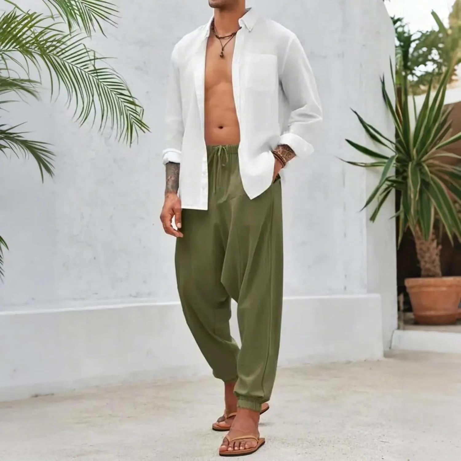 Baggy Harem Pants Men Linen Summer Hippie Pants Elastic Waist Beach Pants Drawstring Boho Holiday Flowy Pants with Pockets