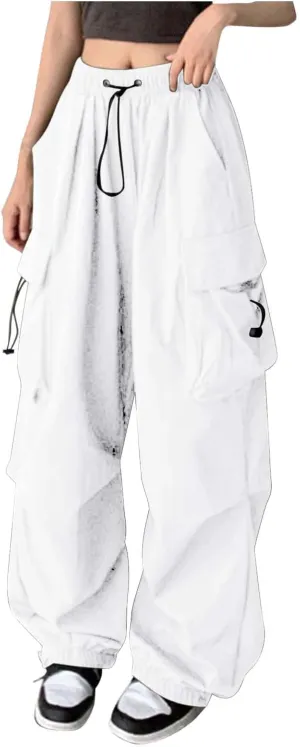 Baggy Parachute Pants for Women Drawstring Elastic Low Waist Ruched Cargo Pants Multiple Pockets Jogger Y2K