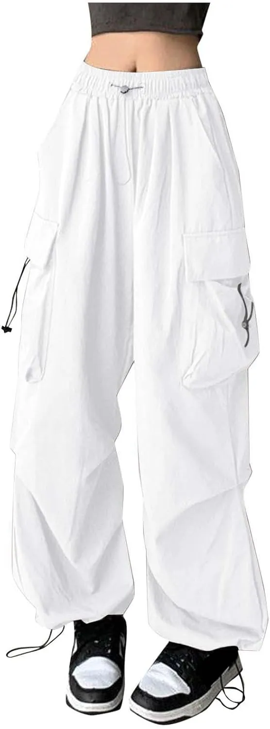 Baggy Parachute Pants for Women Drawstring Elastic Low Waist Ruched Cargo Pants Multiple Pockets Jogger Y2K