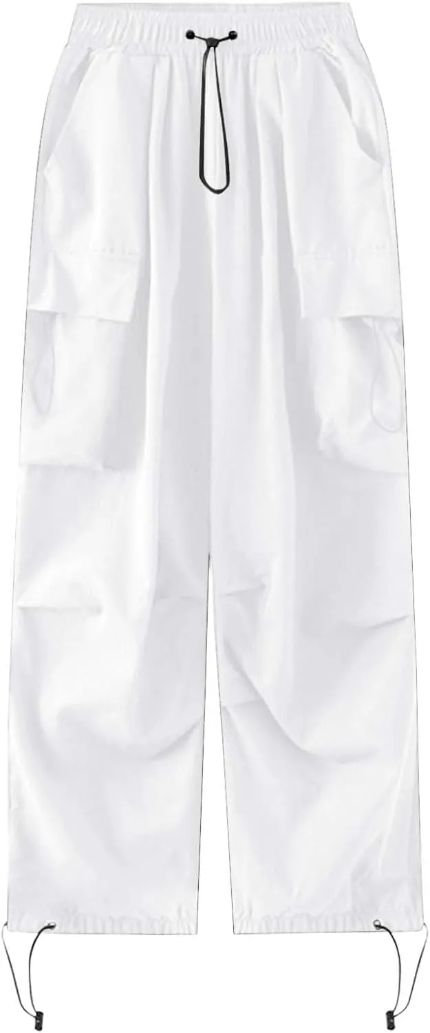 Baggy Parachute Pants for Women Drawstring Elastic Low Waist Ruched Cargo Pants Multiple Pockets Jogger Y2K