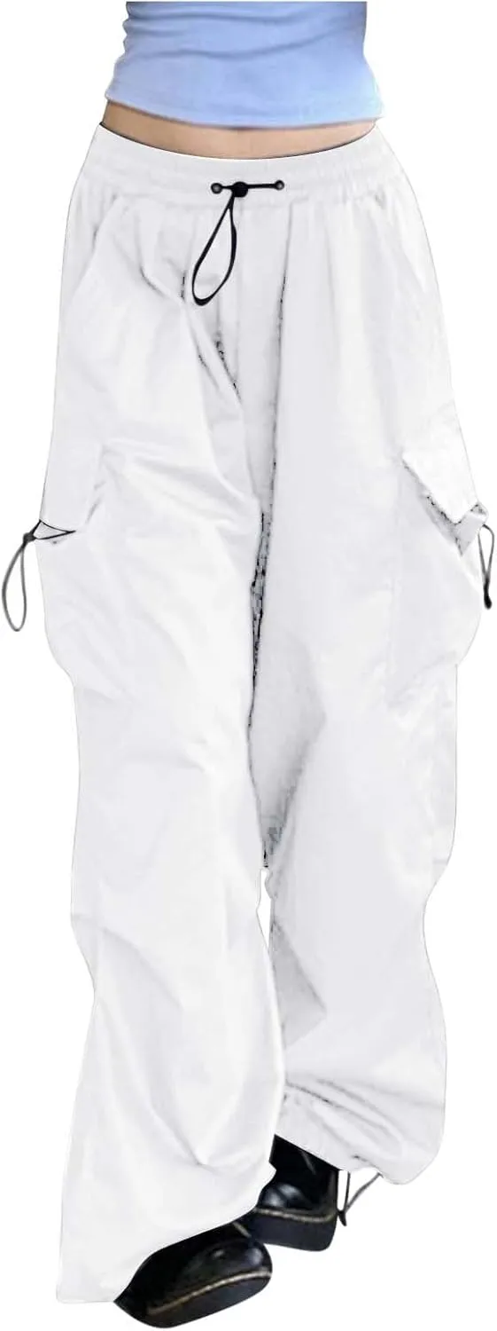 Baggy Parachute Pants for Women Drawstring Elastic Low Waist Ruched Cargo Pants Multiple Pockets Jogger Y2K