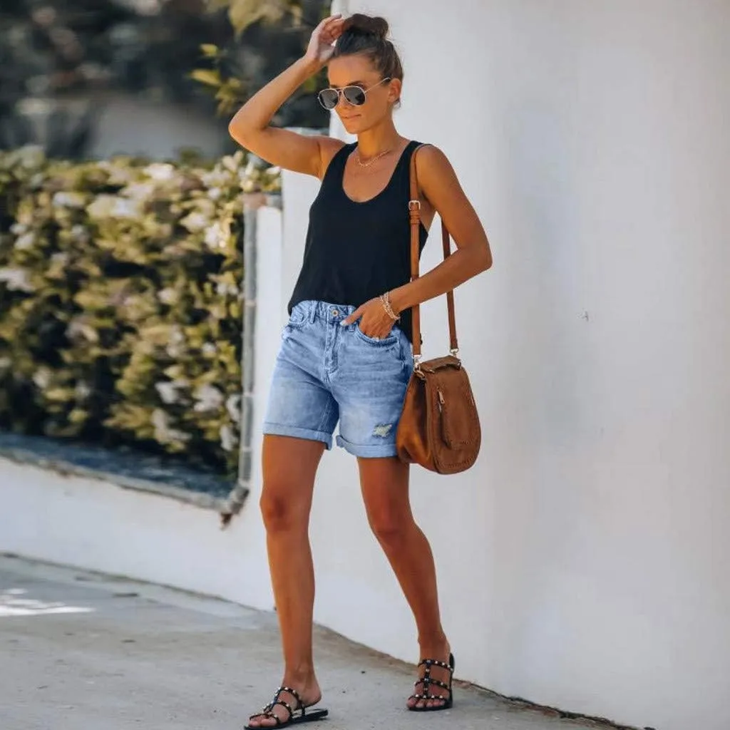 Blue Denim Shorts for Women Casual Summer Fashion High Waisted Ripped Short Jeans