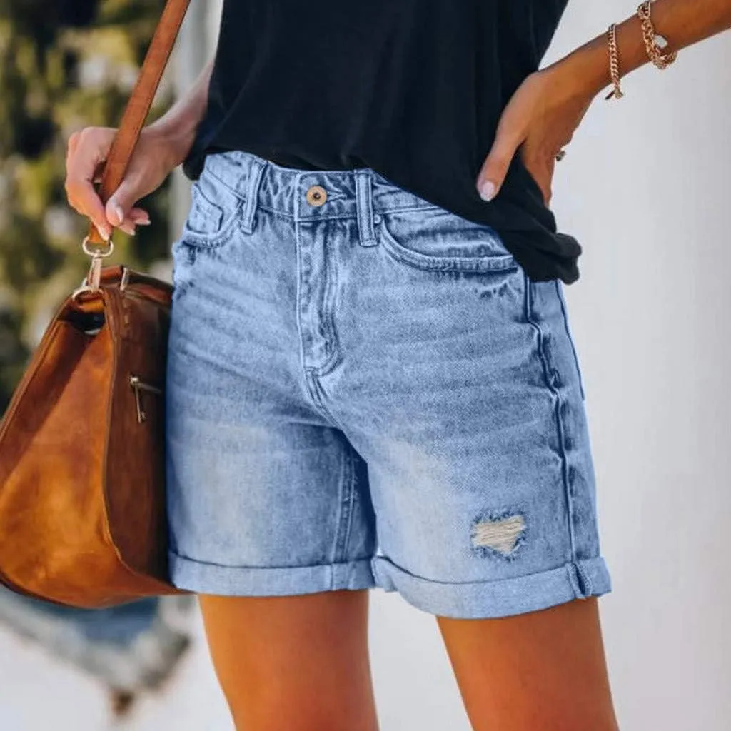 Blue Denim Shorts for Women Casual Summer Fashion High Waisted Ripped Short Jeans
