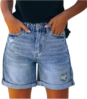 Blue Denim Shorts for Women Casual Summer Fashion High Waisted Ripped Short Jeans