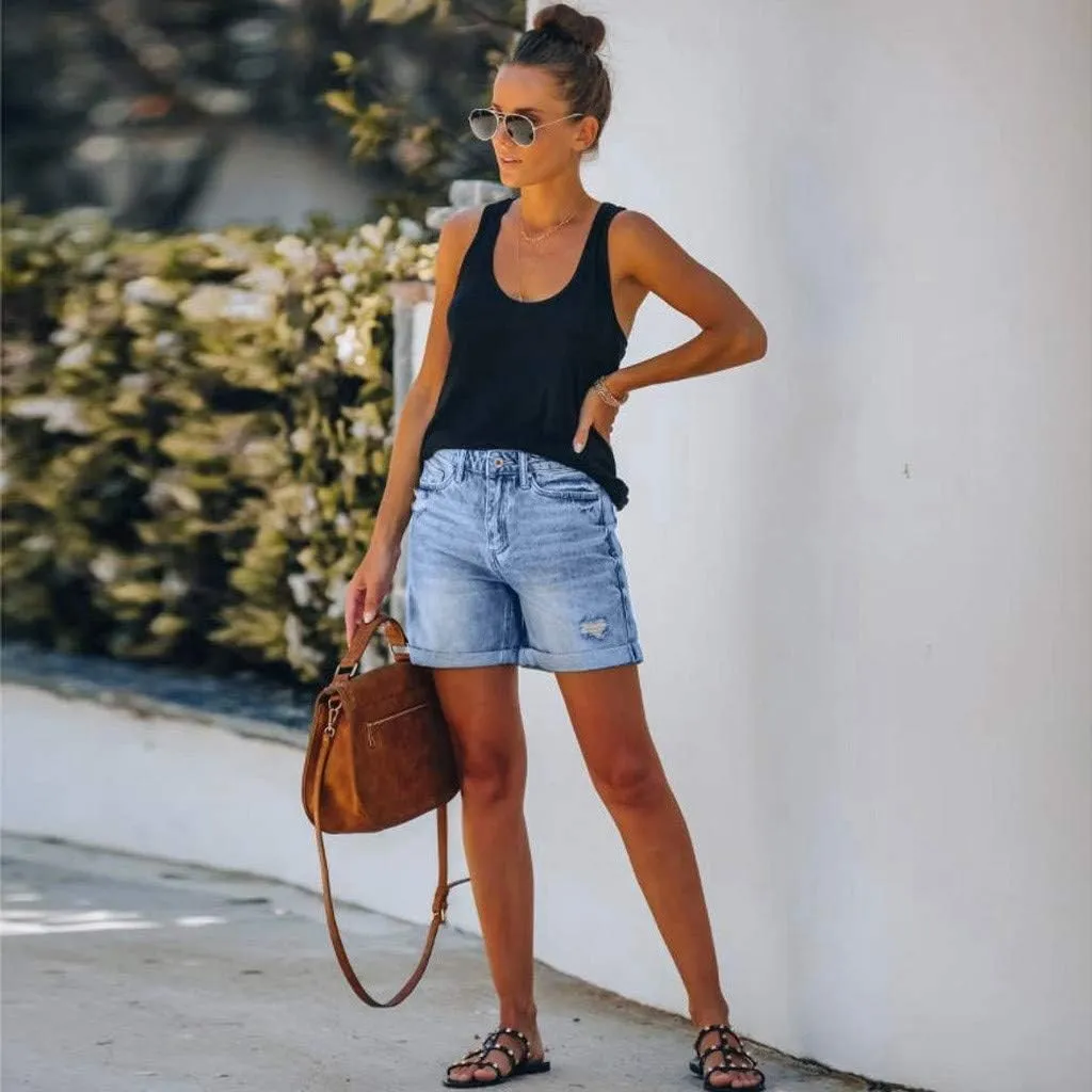 Blue Denim Shorts for Women Casual Summer Fashion High Waisted Ripped Short Jeans