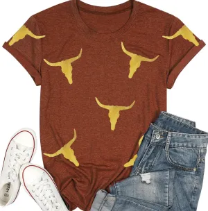 Boho Cow Skull Shirts for Women Cowgirl Western Tops Short Sleeve CasualCountry Concert Cowboy Outfits Vintage Graphic Tees