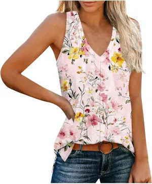 Boho Floral Tank Top for Women Sleeveless V Neck Summer Casual Loose Fit Printed Camisole Blouse with Side Split