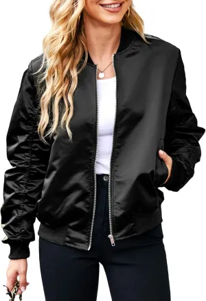 Bomber Jackets for Women Casual Lightweight Satin Zip Up Coat 2023 Fall Loose Fit Outerwear Windbreaker with Pockets