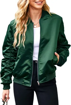 Bomber Jackets for Women Casual Lightweight Satin Zip Up Coat 2023 Fall Loose Fit Outerwear Windbreaker with Pockets