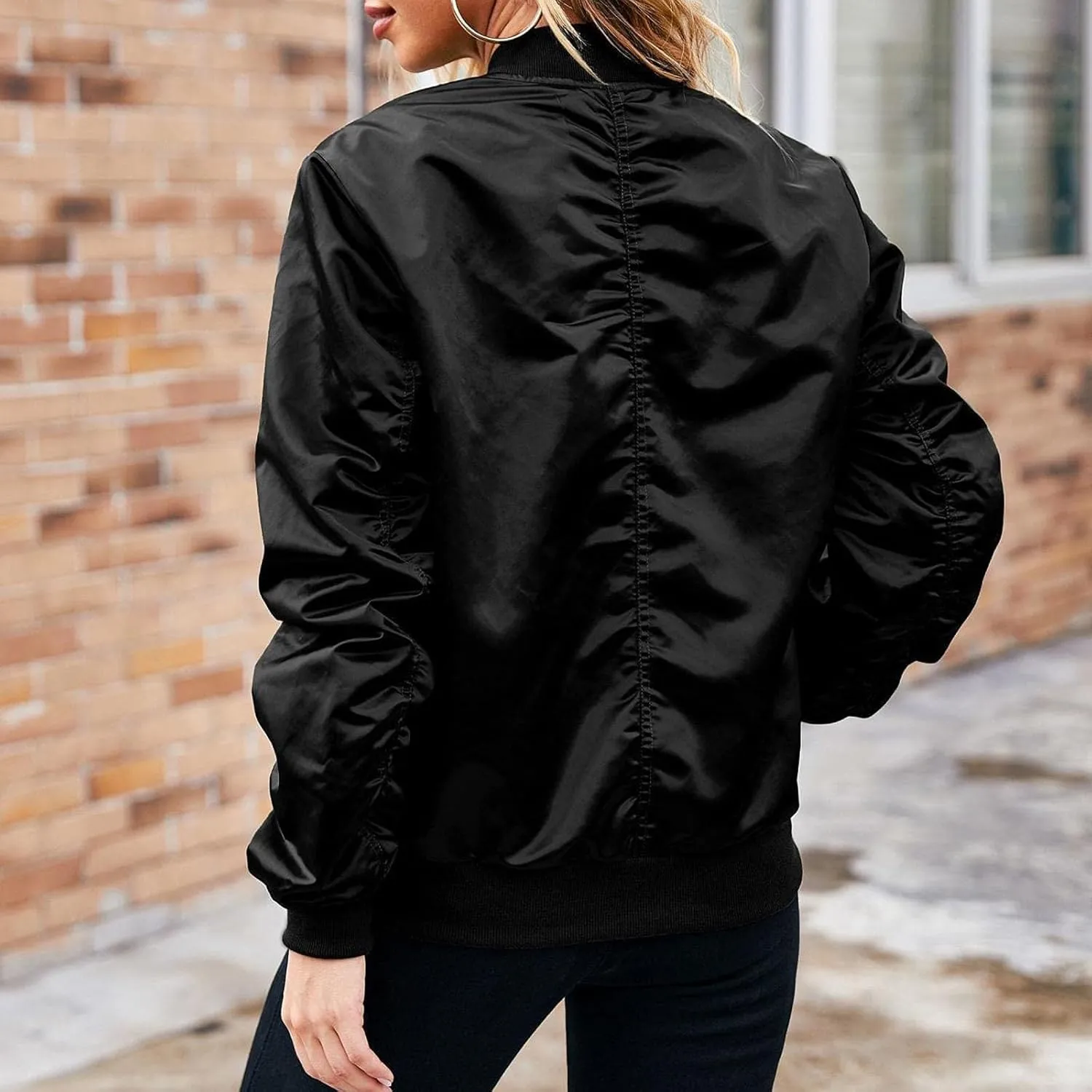 Bomber Jackets for Women Casual Lightweight Satin Zip Up Coat 2023 Fall Loose Fit Outerwear Windbreaker with Pockets