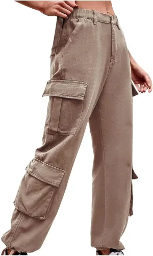 BZGTZT Women Cargo Pants Jeans Casual High Waisted Baggy Stretch Straight Leg Trousers Denim Pants Y2k Pants with Pockets