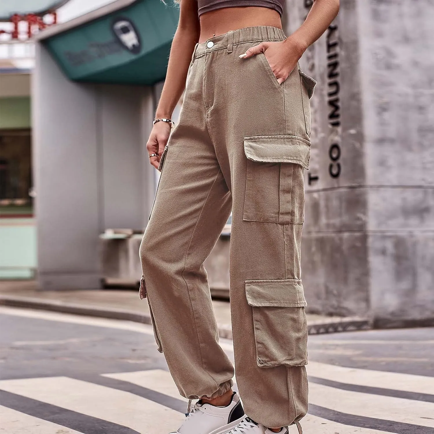 BZGTZT Women Cargo Pants Jeans Casual High Waisted Baggy Stretch Straight Leg Trousers Denim Pants Y2k Pants with Pockets