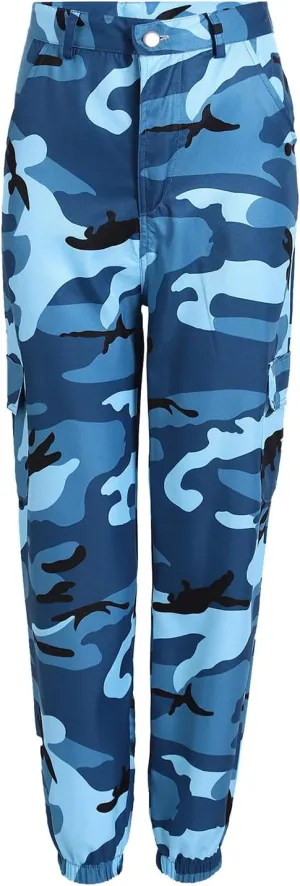 Camo Cargo Pants for Women High Waist Camouflage Jeans Pants Streetwear Pockets Retro Women Cargo Joggers Harem Pants