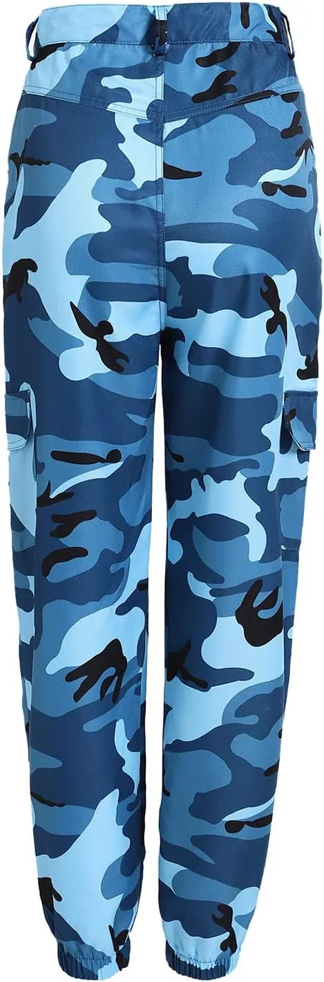 Camo Cargo Pants for Women High Waist Camouflage Jeans Pants Streetwear Pockets Retro Women Cargo Joggers Harem Pants