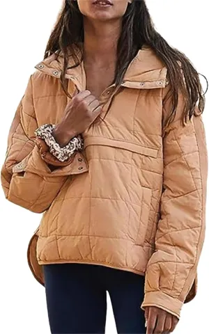 Canbebig Women Oversized Pullover Puffer Jacket Quilted Lightweight Down Jackets Dolman Sleeve Button Zipper Padded Coat
