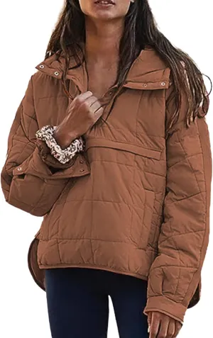 Canbebig Women Oversized Pullover Puffer Jacket Quilted Lightweight Down Jackets Dolman Sleeve Button Zipper Padded Coat