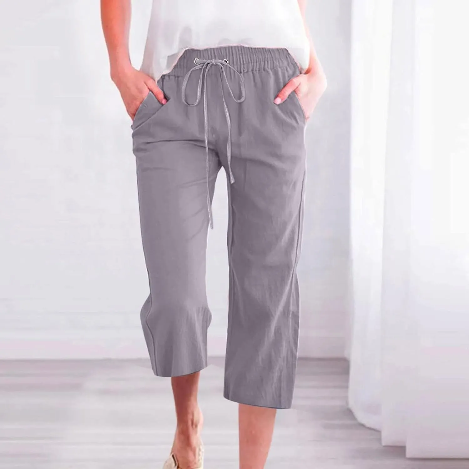 Capri Pants Women Summer 2024 Drawstring Cargo Pants High Waisted Stretchy Camo Pants Plus Size Baggy Cargo Pants Pockets