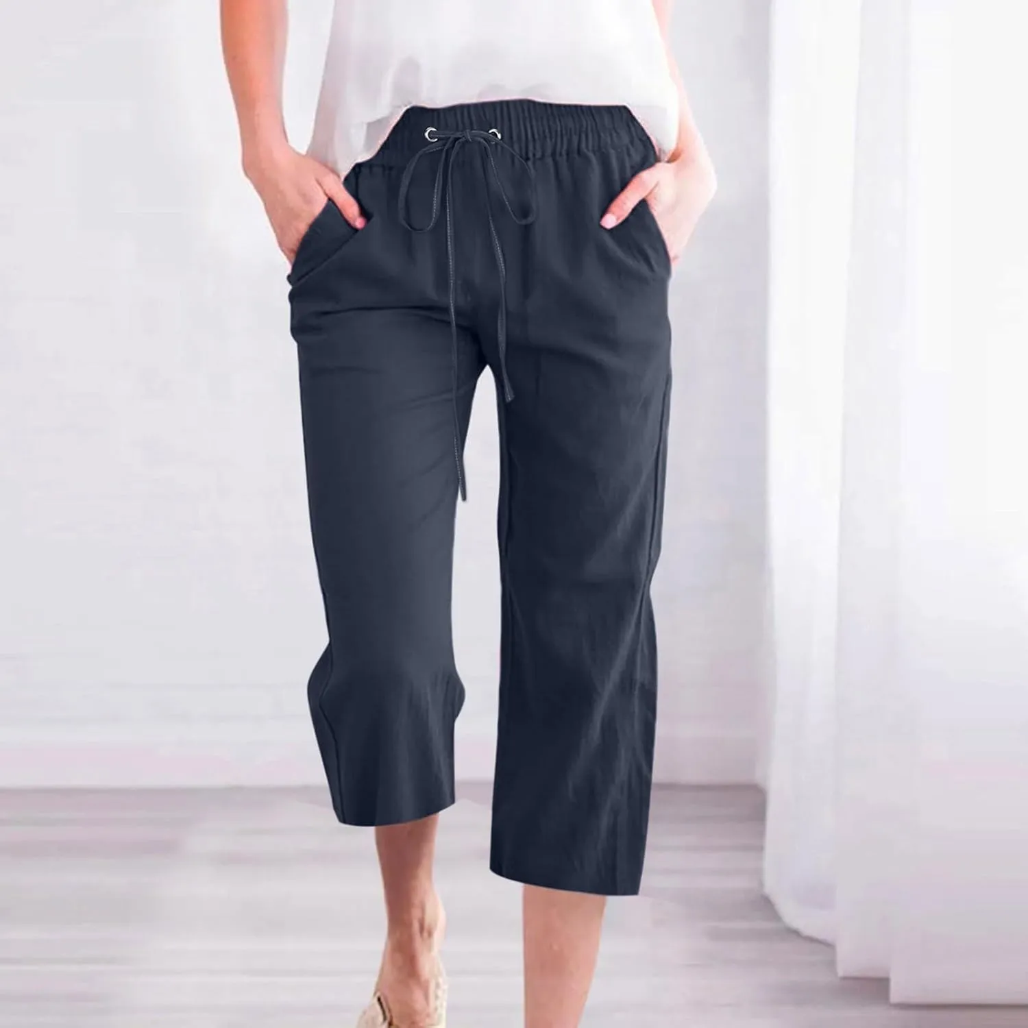 Capri Pants Women Summer 2024 Drawstring Cargo Pants High Waisted Stretchy Camo Pants Plus Size Baggy Cargo Pants Pockets