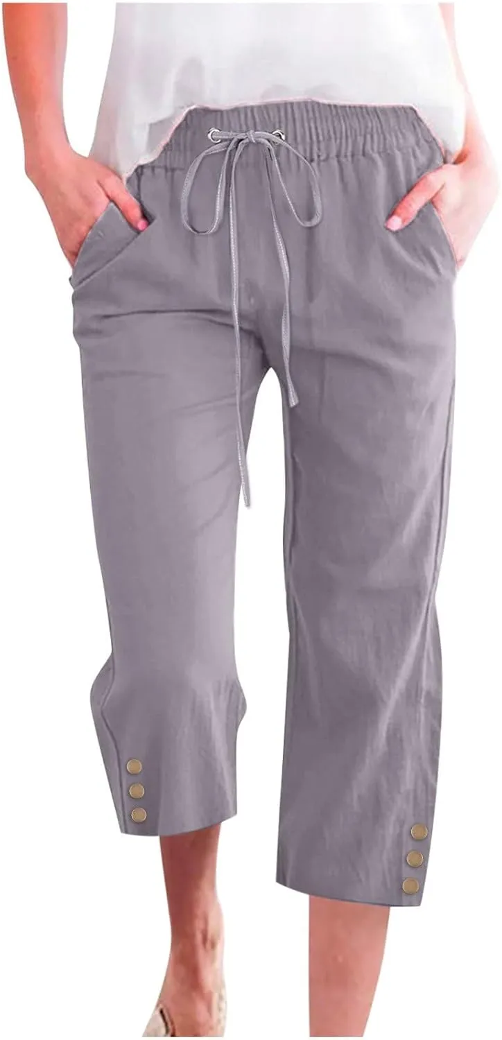 Capri Pants Women Summer 2024 Drawstring Cargo Pants High Waisted Stretchy Camo Pants Plus Size Baggy Cargo Pants Pockets