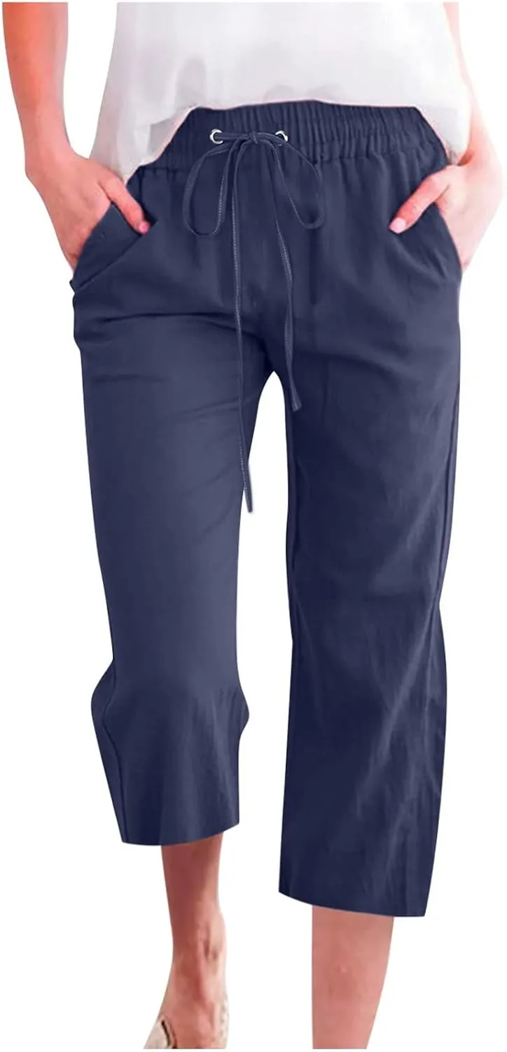 Capris Pants for Women Casual Summer Linen Lounge Drawstring Elastic Straight Wide Leg Cropped Trousers