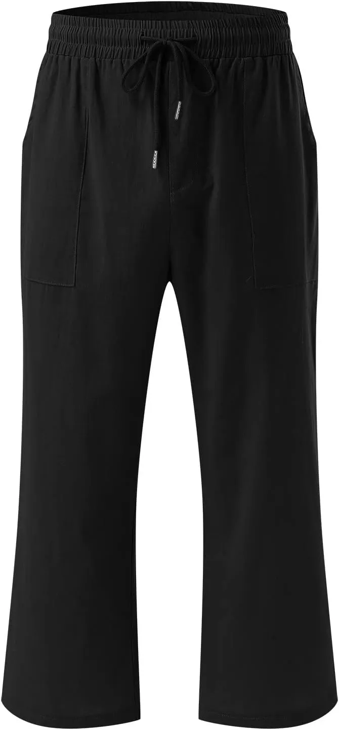 Capris Pants for Women Casual Summer Linen Lounge Drawstring Elastic Straight Wide Leg Cropped Trousers