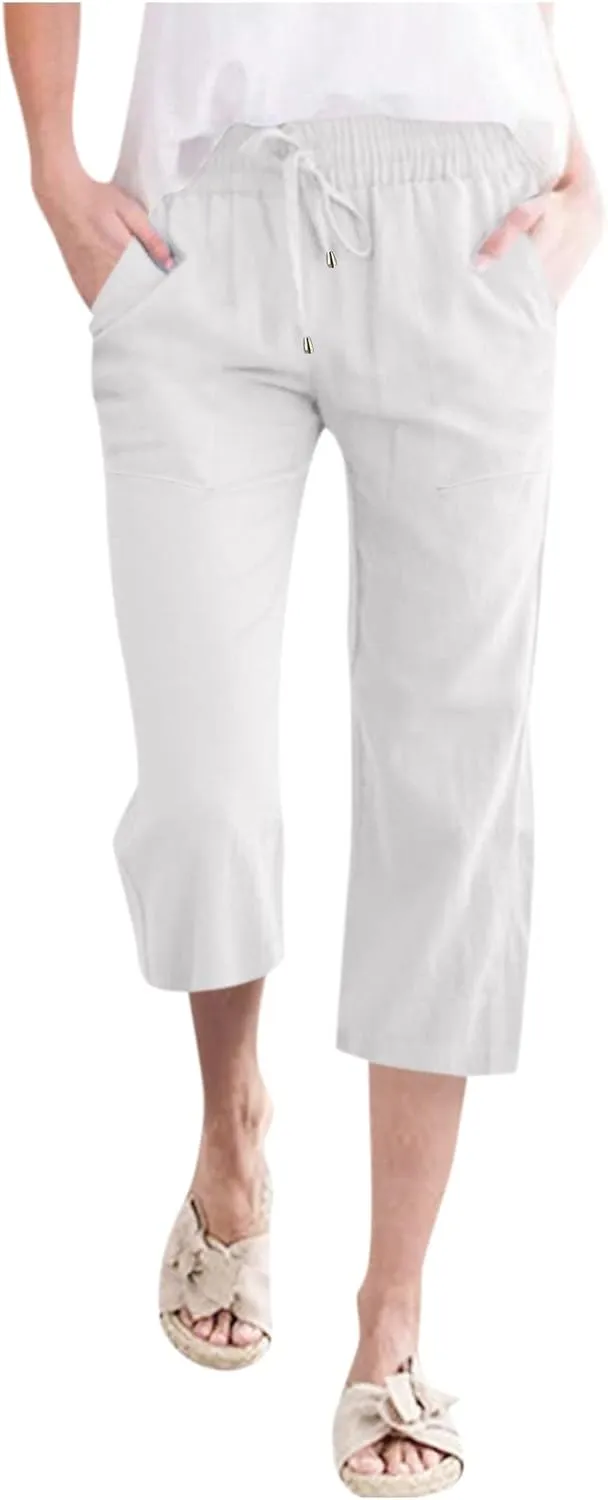 Capris Pants for Women Casual Summer Linen Lounge Drawstring Elastic Straight Wide Leg Cropped Trousers