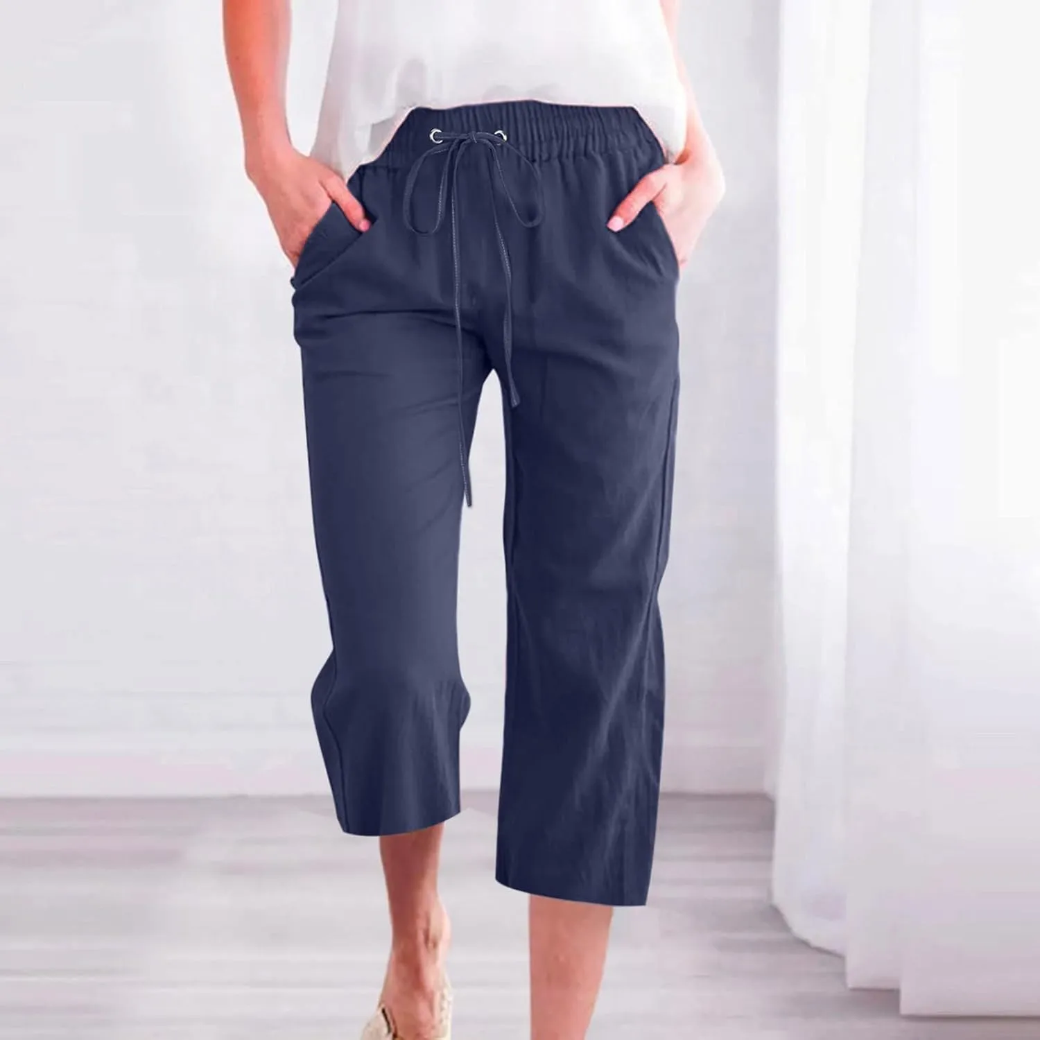 Capris Pants for Women Casual Summer Linen Lounge Drawstring Elastic Straight Wide Leg Cropped Trousers