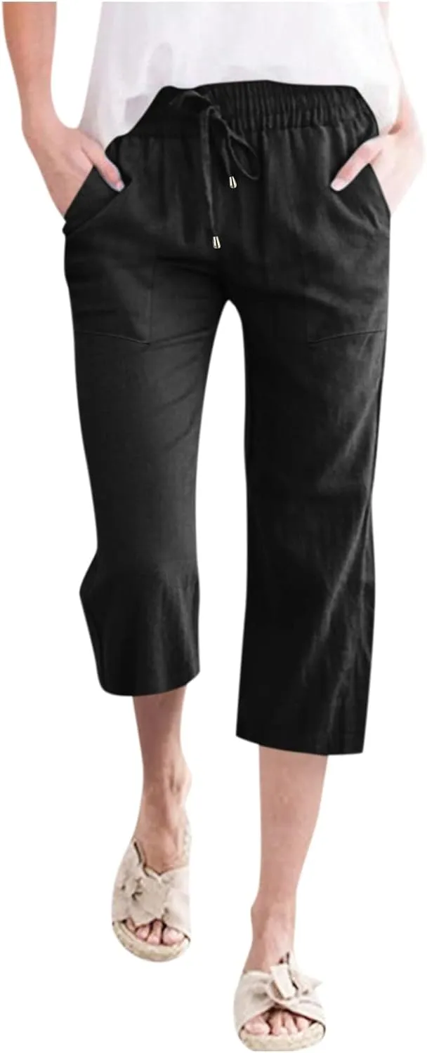 Capris Pants for Women Casual Summer Linen Lounge Drawstring Elastic Straight Wide Leg Cropped Trousers