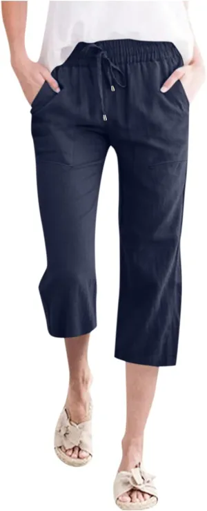 Capris Pants for Women Casual Summer Linen Lounge Drawstring Elastic Straight Wide Leg Cropped Trousers