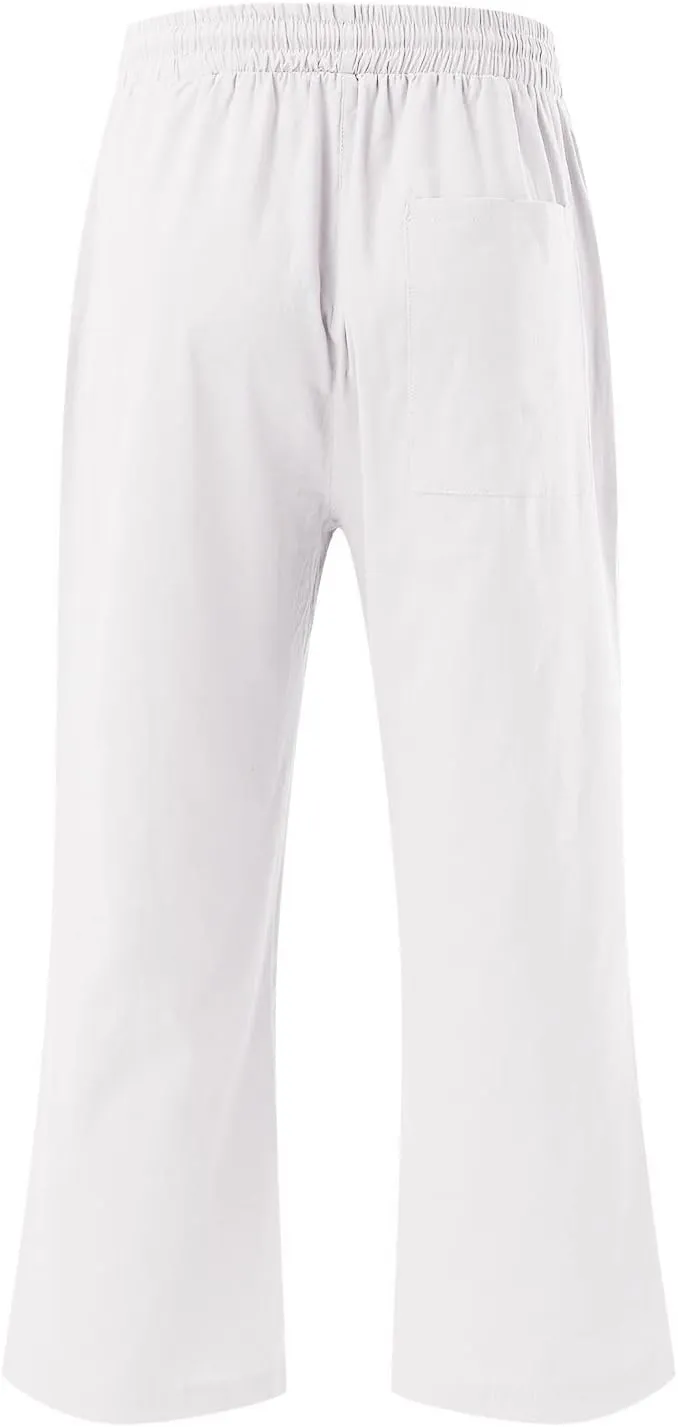 Capris Pants for Women Casual Summer Linen Lounge Drawstring Elastic Straight Wide Leg Cropped Trousers