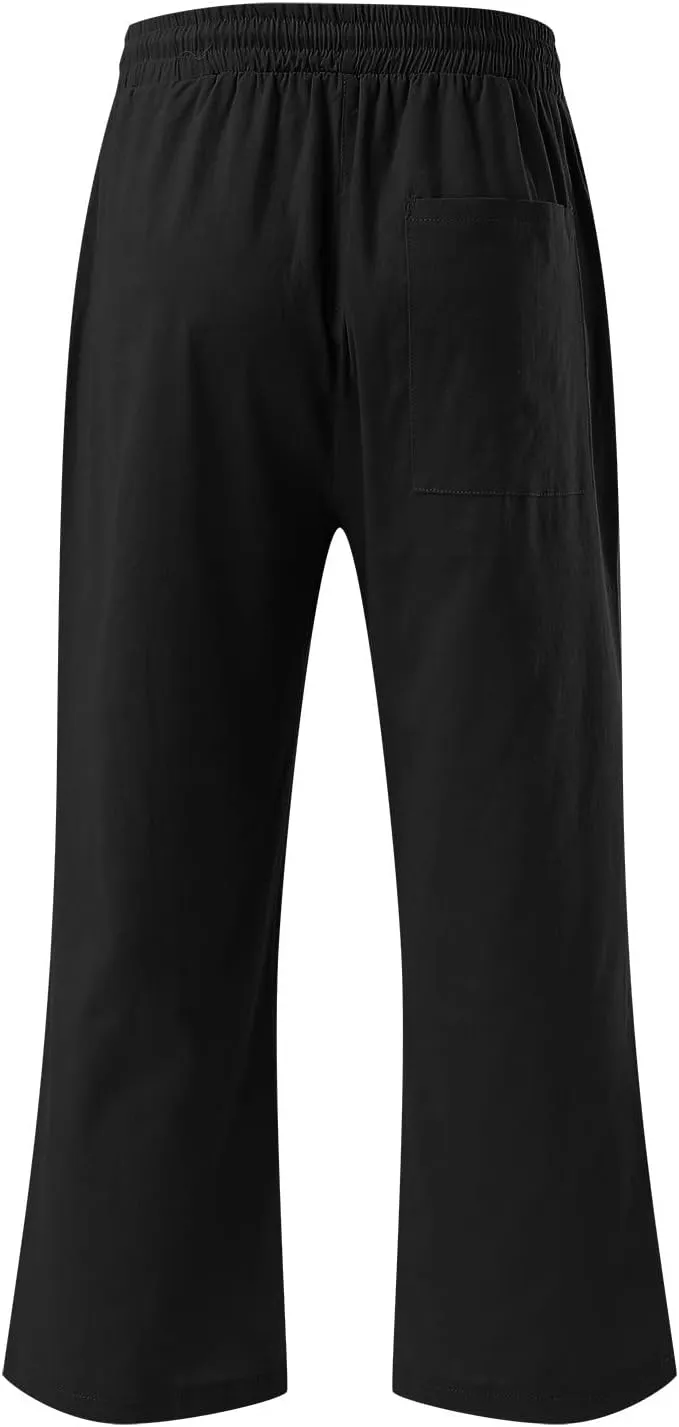 Capris Pants for Women Casual Summer Linen Lounge Drawstring Elastic Straight Wide Leg Cropped Trousers