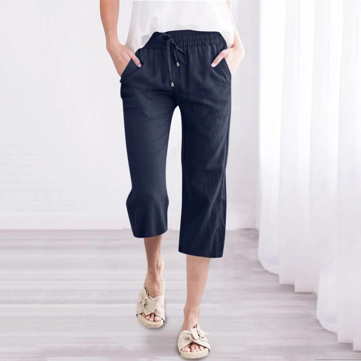 Capris Pants for Women Casual Summer Linen Lounge Drawstring Elastic Straight Wide Leg Cropped Trousers
