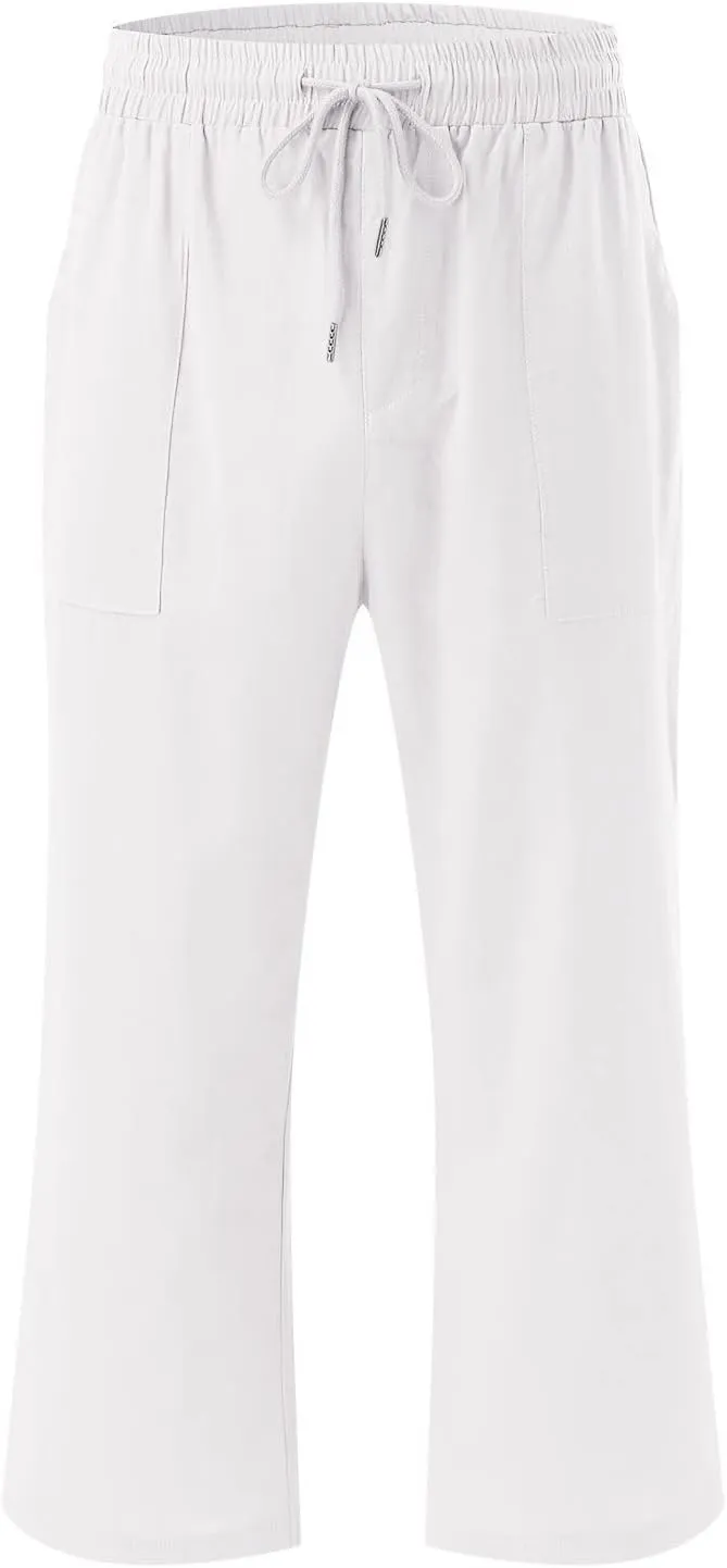 Capris Pants for Women Casual Summer Linen Lounge Drawstring Elastic Straight Wide Leg Cropped Trousers