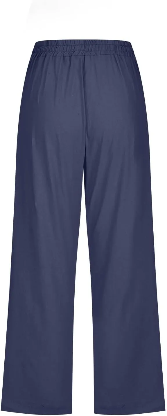 Capris Pants for Women Casual Summer Linen Lounge Drawstring Elastic Straight Wide Leg Cropped Trousers